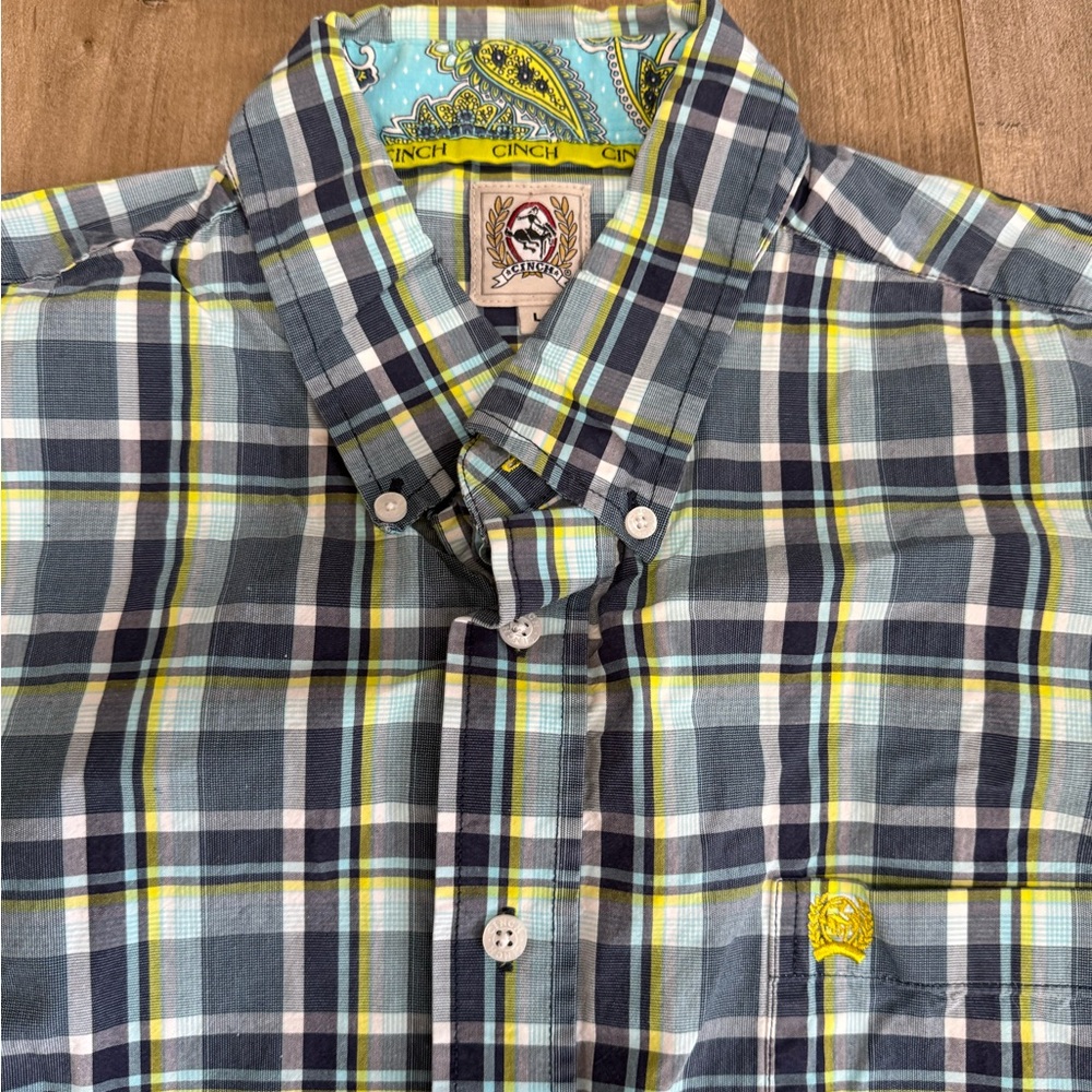Cinch Button Down Long Sleeve Shirt Men‎ Large Blue Check Western Paisley Plaid
